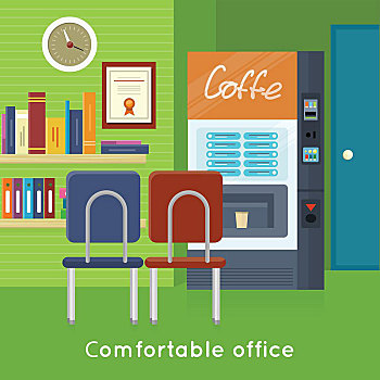 办公室,概念,矢量,公寓,设计,风格,鲜明,现代,家具,咖啡,自动售货机,舒适,地点,工作,插画,商务
