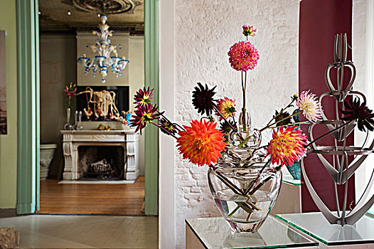 不同,色彩,大丽花,玻璃花瓶,风景,客厅,壁炉