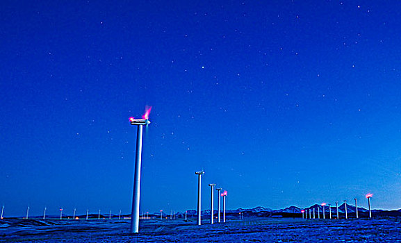 风车,月光,靠近,溪流,艾伯塔省,加拿大