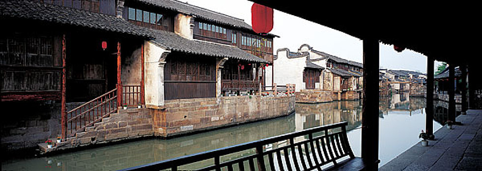 传统,中国,建筑,河