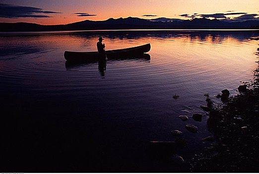 剪影,人,独木舟,日落,不列颠哥伦比亚省,加拿大