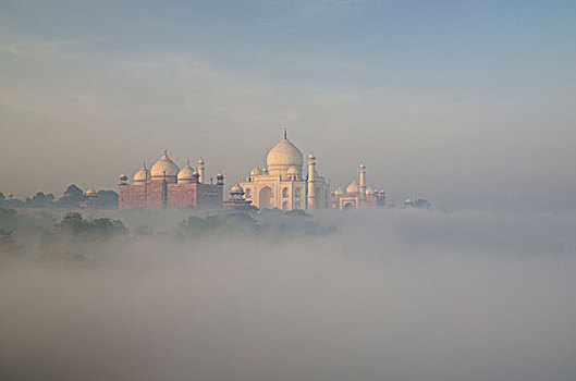 泰姬陵,世界遗产,室外,晨雾,上方,河,北方邦,印度,亚洲