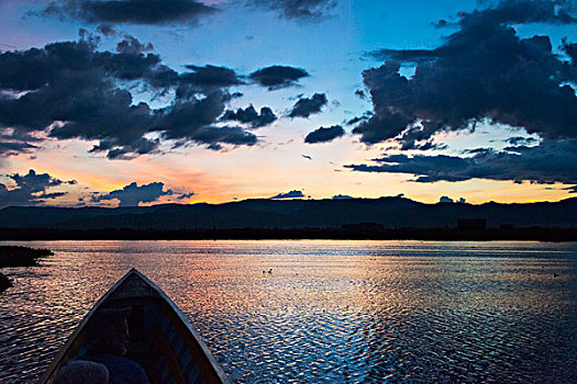 独木舟,茵莱湖,日落,掸邦,缅甸,大幅,尺寸