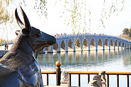 北京颐和园铜牛,十七孔桥
