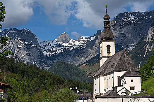 教区教堂,背影,拉姆绍,贝希特斯加登地区,上巴伐利亚,德国,欧洲