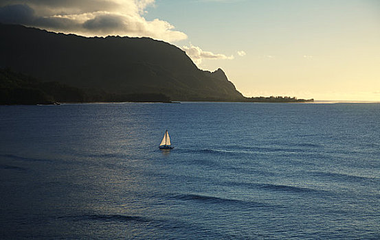 夏威夷,考艾岛,北岸,湾,海耶纳,帆船,光亮,下午,阳光