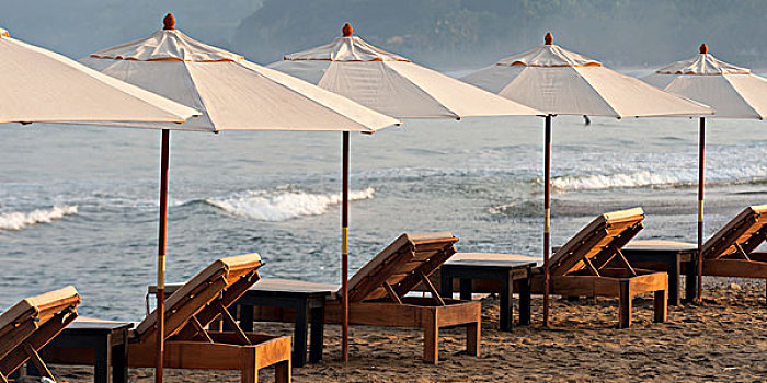 沙滩椅,白色,伞,排列,海滩,海洋,墨西哥