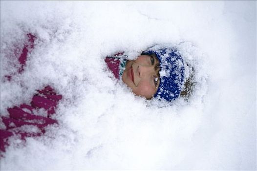 孩子,掩埋,雪中,俄罗斯人,公园,冬季,肖像
