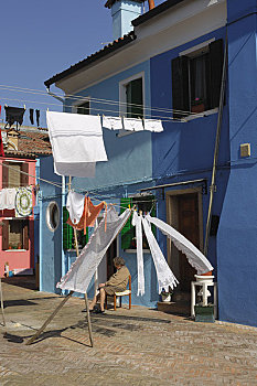 洗衣服,晾衣服,岛屿,布拉诺岛,威尼斯,泻湖,意大利