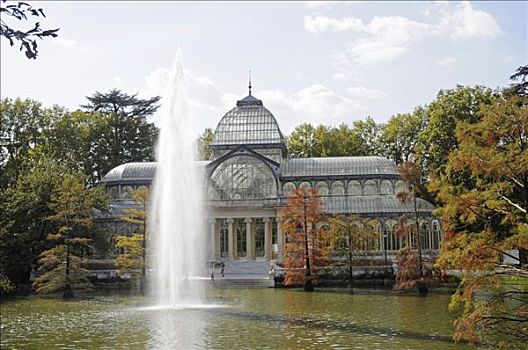 喷泉,湖,正面,水晶宫,公园,马德里,西班牙,欧洲