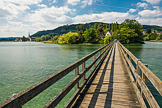 木桥,穿过,莱茵河,河,寺院,岛屿,莱茵,沙夫豪森,瑞士,欧洲