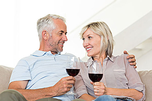 微笑,夫妻,葡萄酒,玻璃杯,坐,沙发