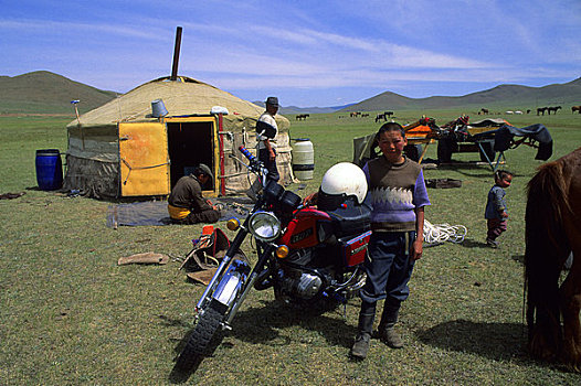 蒙古,靠近,乌兰巴托,草地,摩托车,正面,蒙古包