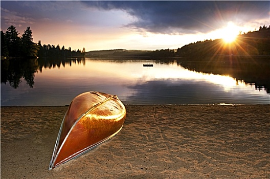 湖,日落,独木舟,海滩