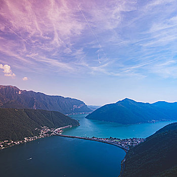 俯拍,湖,卢加诺,瑞士