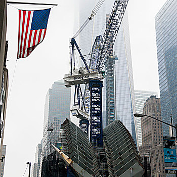 仰视,起重机,现代,摩天大楼,曼哈顿,纽约,美国