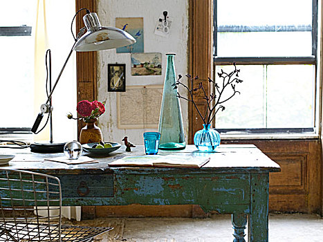 老,木质,书桌,线,椅子,蓝色,花瓶