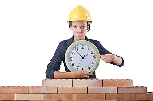 女人,建筑工人,钟表,白色背景
