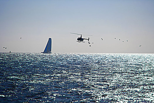 船,航行,直升飞机,飞跃,海洋