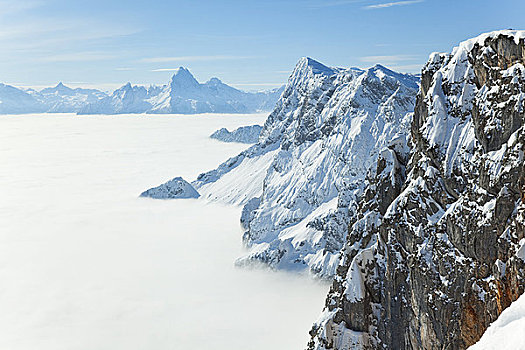 雾,贝希特斯加登阿尔卑斯山,瓦茨曼山,背景,奥地利,俯视图