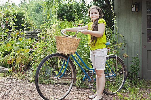 女孩,肖像,自行车,花园