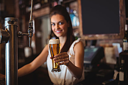 女性,酒吧,娇柔,拿着,玻璃杯,啤酒,头像,吧台