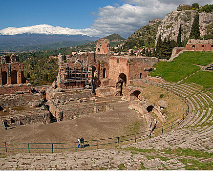 希腊罗马式,剧院,埃特纳山,背景,陶尔米纳,西西里