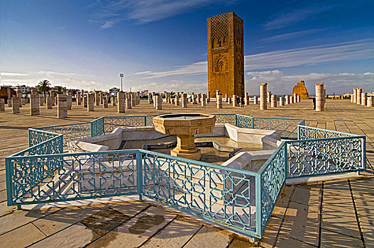 风景,哈桑塔,喷泉,靠近,陵墓,穆罕默德,拉巴特,摩洛哥