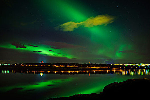 极光,北部,反射,水,上方,珍珠,雷克雅未克,冰岛