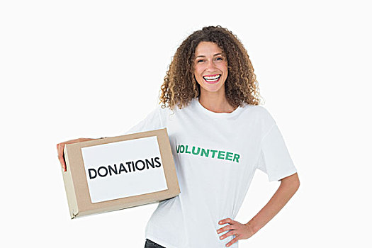 微笑,志愿者,拿着,盒子,捐赠,手叉腰
