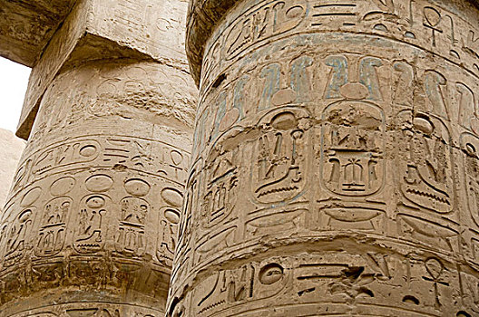 埃及,路克索神庙,约旦河东岸,卡尔纳克神庙,象形文字,遮盖,柱子,多柱厅,蓝色