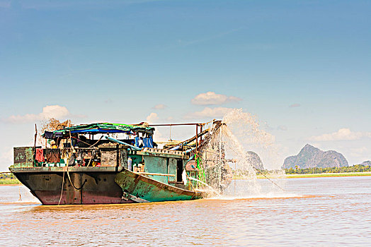 河,疏浚,船,操作,金色,砾石,开采,克伦邦,缅甸