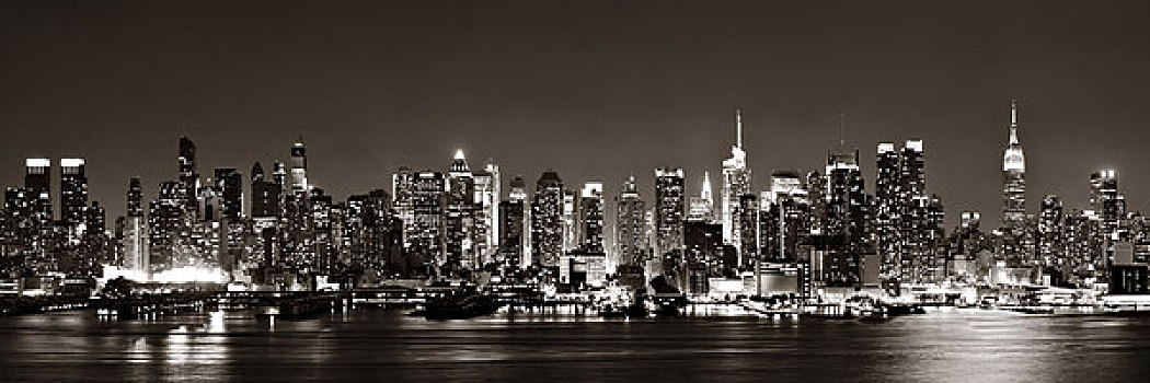 曼哈顿中城,天际线,黑白,黄昏,全景,上方,哈得逊河