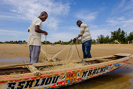 渔民,放,网,传统,渔船,区域,塞内加尔,非洲