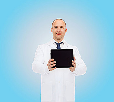 医疗,职业,广告,卫生保健,概念,微笑,男医生,平板电脑,电脑,上方,蓝色背景