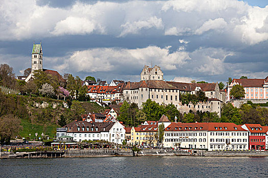 风景,城镇,教区教堂,梅尔斯堡,老,城堡,康士坦茨湖,巴登符腾堡,德国,欧洲