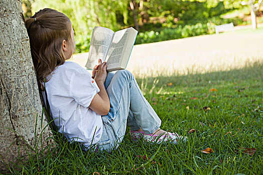后视图,女孩,读,书本,公园