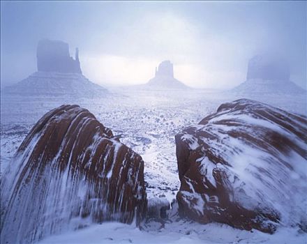雾,雪,连指手套,纪念碑谷,部族,公园,亚利桑那