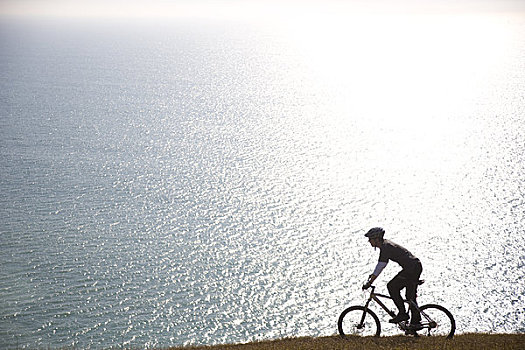 男人,骑自行车,海洋