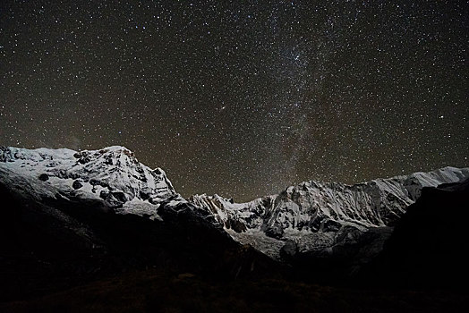 风景,积雪,安纳普尔纳峰,北方,脸,南,顶峰,左边,夜晚,星星,银河,地区,尼泊尔,亚洲