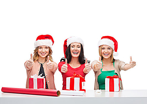 圣诞节,圣诞,冬天,高兴,概念,三个,微笑,女人,圣诞老人,帽子,礼盒