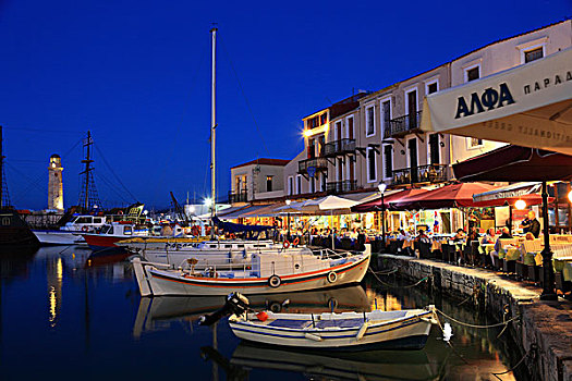 傍晚,船,餐馆,威尼斯,港口,克里特岛,希腊,欧洲
