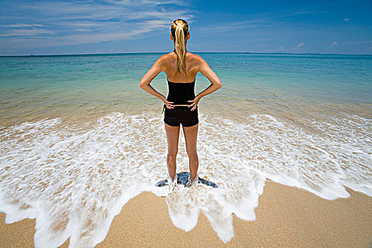 女人,站立,浅,清晰,水,热带海岛,苏梅岛,泰国