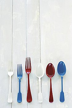 不同,色彩,叉子,勺子,木质背景