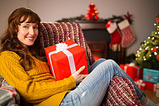 微笑,红发,拿着,礼物,沙发,圣诞节
