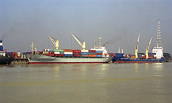 船,装载,货箱,港口,2004年,孟加拉