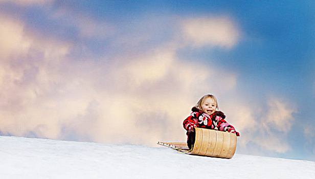 女孩,雪橇,云杉,小树林,艾伯塔省,加拿大