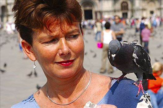 女人,鸽子,广场,威尼斯,意大利