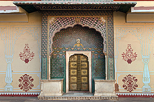 黄铜,大门,精美,壁画,院落,城市宫殿,斋浦尔,拉贾斯坦邦,印度,亚洲
