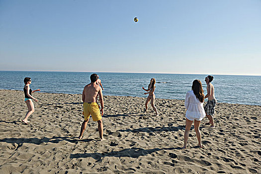 年轻人,群体,开心,玩,沙滩排球,晴朗,夏天